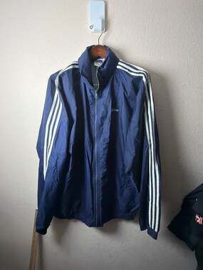 Vintage 90s Adidas Navy Blue 3-Stripe Windbreaker Jacket with Stowaway Hood XXL
